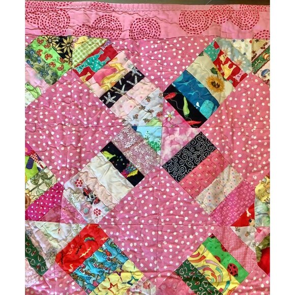 Handmade Patchwork Quilt Pink Polka Dot Design Multicolor Patterns 41.5"X 35.25" - Picture 6 of 9